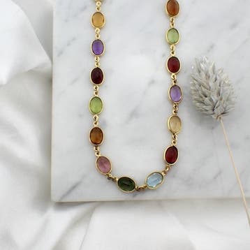 Gouden ketting met een mix van edelstenen, Sieraden, Tassen en Uiterlijk, Kettingen, Gebruikt, Ophalen of Verzenden, Met edelsteen