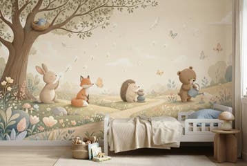 Bosdieren behang babykamer – bloemenweide fotobehang, Verzenden, Fotobehang