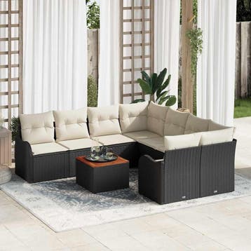vidaXL Tuinbankenset met opslag 9 pcs Zwart en Crème poly, Verzenden, Nieuw, Rotan, Meer dan 8 zitplaatsen
