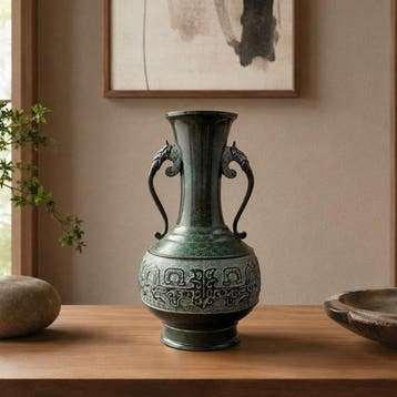 Vaas - Brons, diepe groene patina,