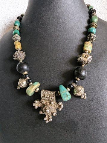 Zilver, Amazoniet, glazen kralen - Ketting met hanger -