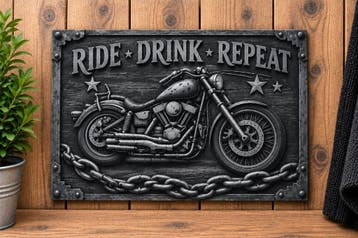 Motor wandbord 30x20 cm – Ride Drink Repeat – aluminium, Eigen ontwerp, Vintage, Nieuw, Wandbord of Wandpaneel