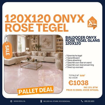 Baldocer Onyx Rose glans 120×120 - Palletdeal 56m² €1038, 60 cm of meer, Nieuw, Ophalen of Verzenden, 10 m² of meer