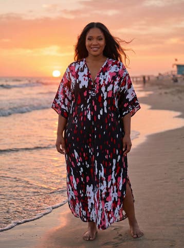 Boho rayon kaftan jurk - Zwart Rood Sunset Splash, Ophalen of Verzenden, Nieuw
