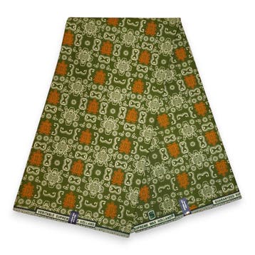 Afrikaanse wax print stof - Olijfgroen Oranje Bogolan Icons, Hobby en Vrije tijd, Stoffen en Lappen, Ophalen of Verzenden, Nieuw