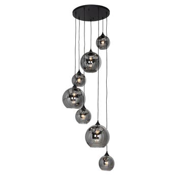 Art deco hanglamp zwart met smoke glas rond 7-lichts -, Verzenden, Nieuw, Glas, Art Deco