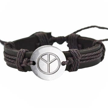 Fako Bijoux - Armband - Leder - Peace Rond - Bruin, Verzenden, Nieuw
