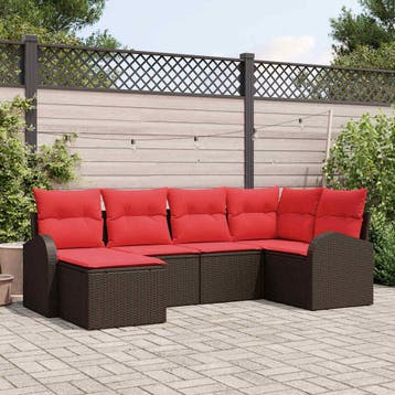 vidaXL Bankstel 6 st Bruin en Rood poly rattan, Verzenden, Nieuw, Rotan, 6 zitplaatsen