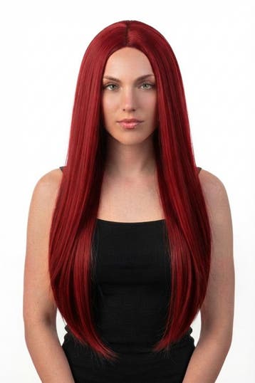 KIMU® Luxe Lange Donkerrode Pruik Middenscheiding Haarwerk K, Kleding | Dames, Ophalen of Verzenden, Nieuw, Carnaval