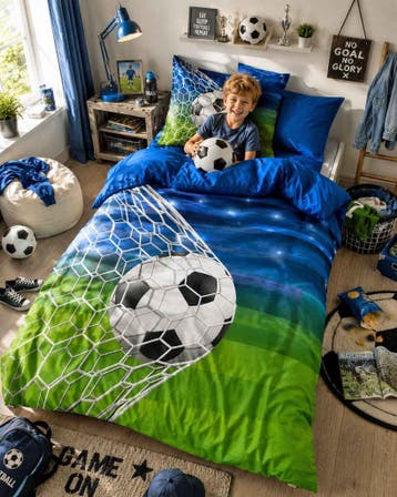 Kinderdekbedovertrek Voetbal Goal Blauw Groen - Katoen, Overige merken, Wasbaar, Nieuw, Jongetje