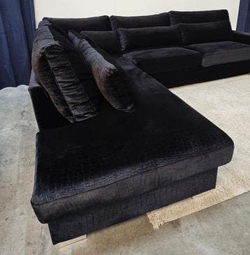 Hoekbank Zwart Croco Velvet - Professioneel Gereinigd, Ophalen of Verzenden, Nieuw