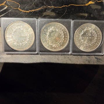Frankrijk. 50 Francs 1974/1978 Hercule (lot de 3 monnaies en
