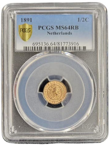 Koningin Wilhelmina 1/2 cent 1891 MS64 RB PCGS, Postzegels en Munten, Munten | Nederland, Verzenden, Koning Willem III, Losse munt