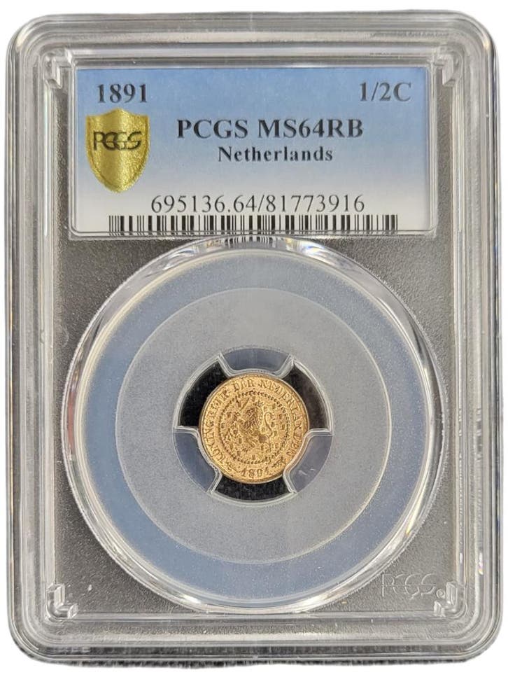 Koningin Wilhelmina 1/2 cent 1891 MS64 RB PCGS, Postzegels en Munten, Munten | Nederland, Losse munt, Koning Willem III, Verzenden