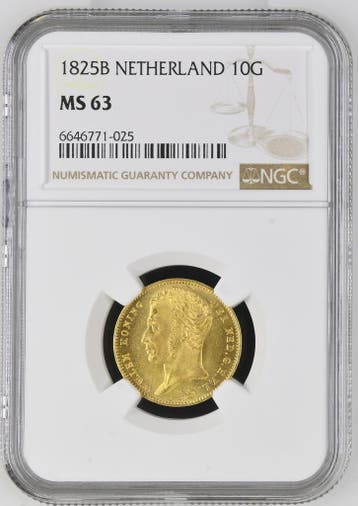 Gouden Koning Willem I 10 Gulden 1825 Brussel MS63 NGC, Verzenden, Goud, Koning Willem I, Losse munt