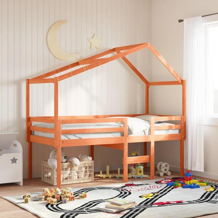 vidaXL Hoogslaper met dak massief grenenhout wasbruin 90x190, Huis en Inrichting, Slaapkamer | Bedden, 90 cm, 190 cm of minder