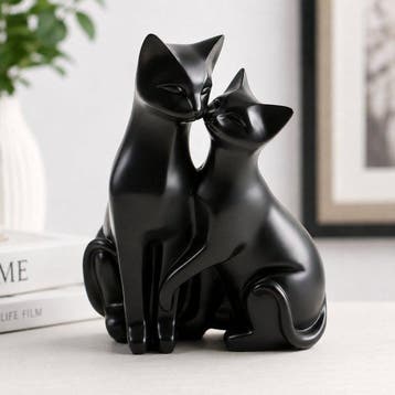 Pair of Black Cats Sculpture – Romantic Feline Figurine,