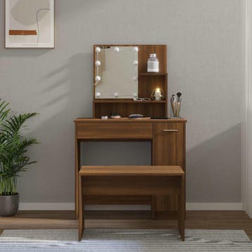 vidaXL Kaptafelset met LED-verlichting bewerkt hout bruin, Huis en Inrichting, Verzenden, Nieuw