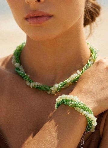 Zesrijige ketting & armband met aventurijn & kristallen -