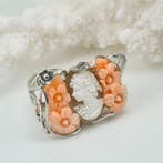 Koraal - Zilver - Ring - Roze koraal en camee