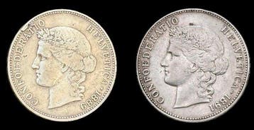 Zwitserland, Bern Porträt von Helvetia. 5 Franken 1889, Postzegels en Munten