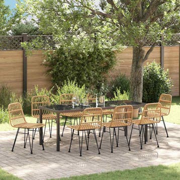 vidaXL Tuin eettafelset 9 pcs Bruin Gepoedercoat staal, Verzenden, Nieuw, Rotan, Meer dan 8 zitplaatsen