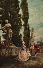 Scuola europea (XVIII-XIX), firmato Trevisar - Giardini e, Antiek en Kunst, Kunst | Schilderijen | Klassiek