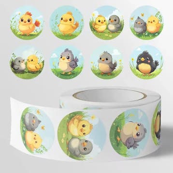 Sluitstickers vrolijke kuikentjes etiket 2,5 cm rol 500, Ophalen of Verzenden, Nieuw