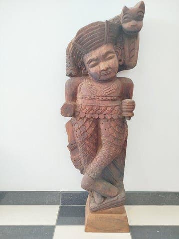 Tempelwachter met kat - Hout - India - 19th century