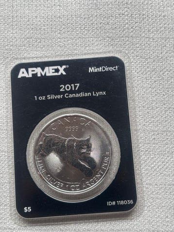 Canada. 5 Dollars 2017, Silver Lynx, 1 Oz (Zonder