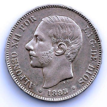 Spanje. Alfonso XII. 5 Pesetas 1885*18-87 MSM. (Zonder