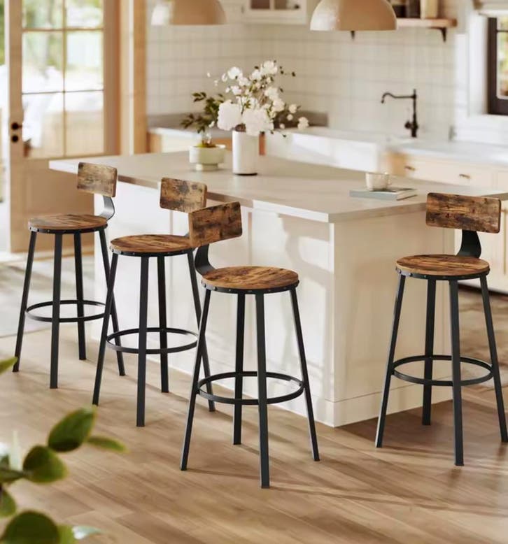 Set van 4 barkrukken industrieel vintage bruin – 73 cm hoog, Huis en Inrichting, Barkrukken, Nieuw, Met voetsteun, Hout, Metaal