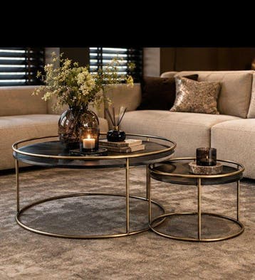 Bijzettafel (2) - Hout, Messing - Luxe set van 2