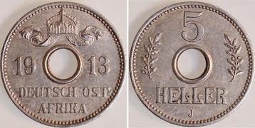 Duitsland 5 Heller Lochgeld Deutsch Ost-afrika 1913 J Jn7..., Postzegels en Munten, Verzenden