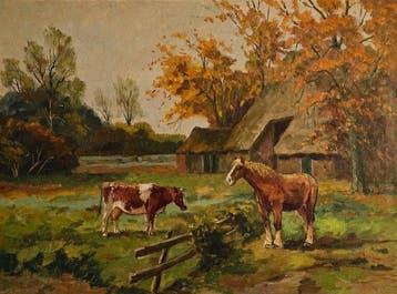 Nederlandse school (XX) - Autumn Farmyard with Horse and Cow