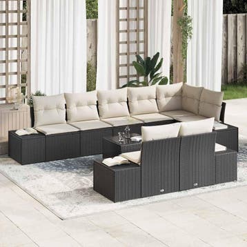 vidaXL Tuinbankenset 9 st Zwart en Crème Poly riet, Verzenden, Nieuw, Meer dan 8 zitplaatsen