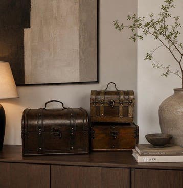 Kist (3) - Decoratieve Houten opbergkoffer met leder - Hout, Antiek en Kunst