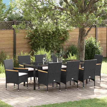 vidaXL Tuin eettafelset met kussen 9 pcs Zwart poly rattan, Verzenden, Nieuw, Rotan, Meer dan 8 zitplaatsen