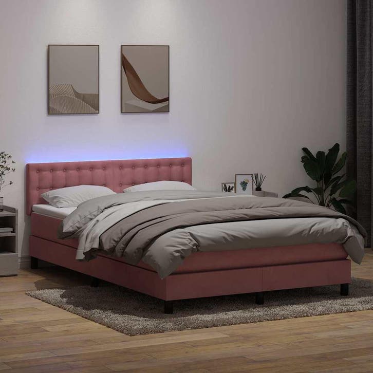 vidaXL Boxspring met matras en LED fluweel roze 160x220 cm, Huis en Inrichting, Slaapkamer | Bedden, Nieuw, Stof, Verzenden