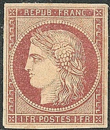 Frankrijk 1849 - Cérès, 1 fr. carmin Brun, gesigneerd Calves, Gestempeld
