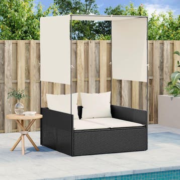 vidaXL Ligbed tweepersoons met dak en gordijn poly rattan, Tuin en Terras, Verzenden, Nieuw