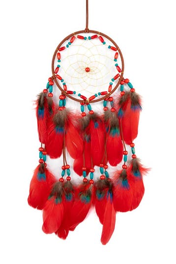 KIMU® Dromenvanger Rood Blauw Dreamcatcher Veren Macramé Boh, Ophalen of Verzenden, Nieuw, Feestartikel, Carnaval