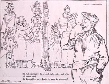 De arbeiderspers spreekt de media toe op spotprent (Lithos), Verzenden