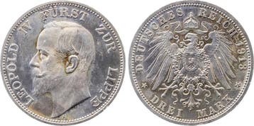 Duitsland 3 Mark 1913 A Leopold Iv Lippe Pp- leicht berie..., Verzenden