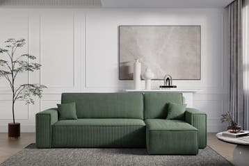 Hoekbank Ribstof Karlo Groen | Universeel | €449,-, Hout, Hoekbank, 200 tot 250 cm, 100 tot 125 cm