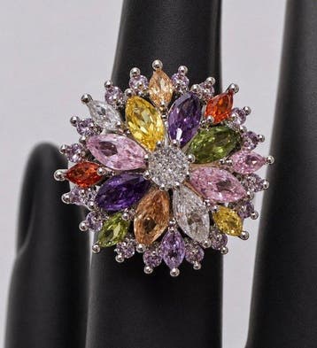 925 sterling zilveren multicolor bloem-statementring - Ring, Nieuw