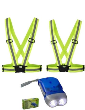 2x veiligheidsvest riem geel + 1x knijpkat-zaklamp 6lm, Nieuw