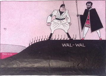Het Wal-Wal-conflict op spotprent (lijst optie, Lithos), Antiek en Kunst, Verzenden