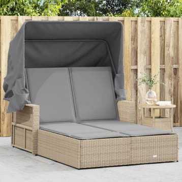 vidaXL Ligbed 2-persoons luifel en kussens poly rattan, Tuin en Terras, Verzenden, Nieuw