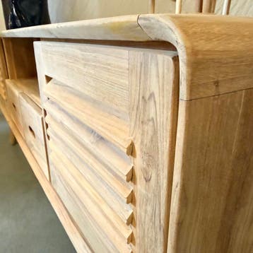 TV meubel teak - 150 cm - teak - louvredeuren - TTM Wonen, Huis en Inrichting, 150 tot 200 cm, Teakhout, Nieuw, Ophalen of Verzenden